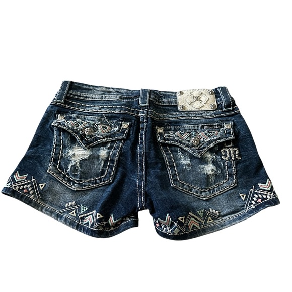 Miss Me Y2K Signature Dark Wash VTG Tribal Blue Jean Shorts with Embroidery - Picture 1 of 10